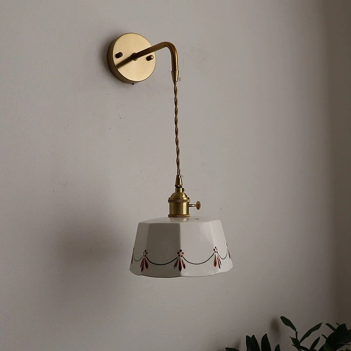 Traditional Chinese Octagonal Trapezoidal Firework Printed Ceramic Shade Brass 1-Light Wall Sconce Lamp For Living Room