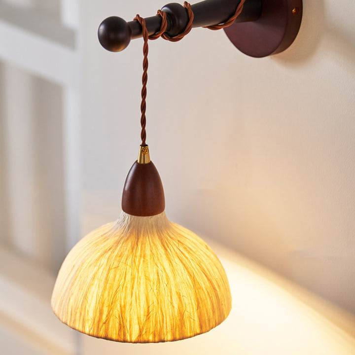 Pantalla de papel de arroz hecha a mano tradicional japonesa de cúpula redonda de madera, lámpara de pared de 1 luz para sala de estar 