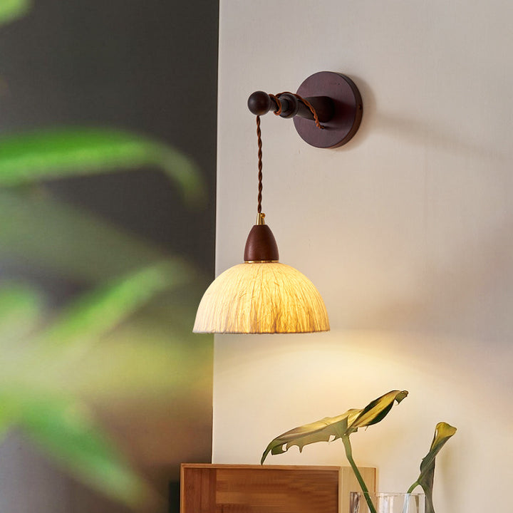 Pantalla de papel de arroz hecha a mano tradicional japonesa de cúpula redonda de madera, lámpara de pared de 1 luz para sala de estar 