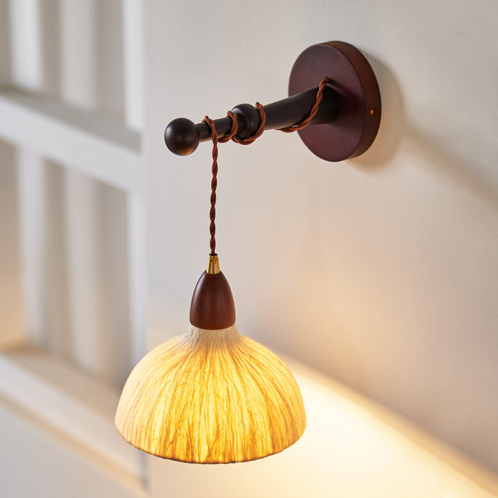 Pantalla de papel de arroz hecha a mano tradicional japonesa de cúpula redonda de madera, lámpara de pared de 1 luz para sala de estar 