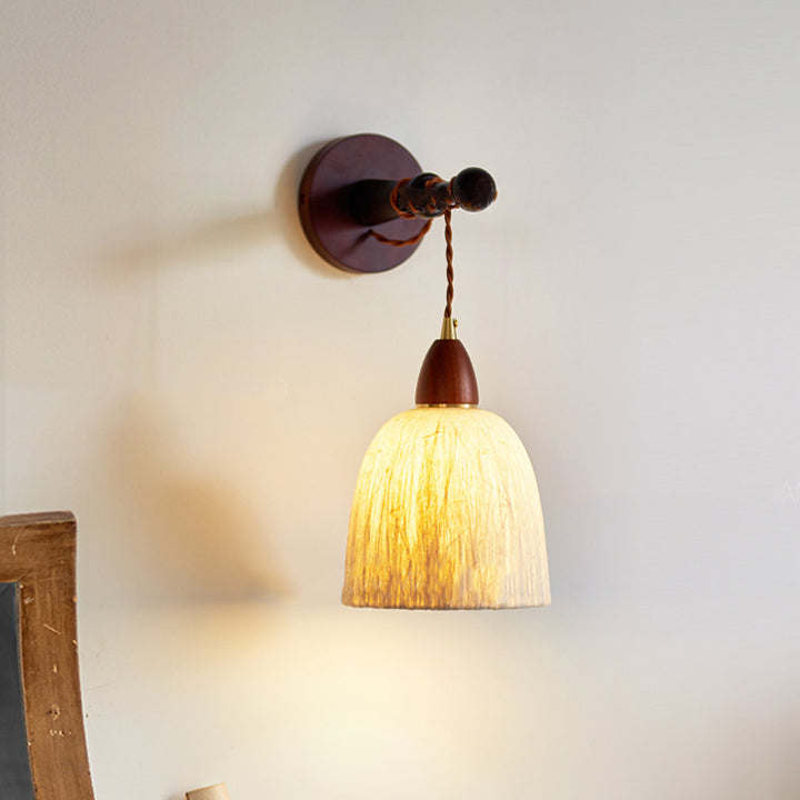 Pantalla de papel de arroz hecha a mano tradicional japonesa de cúpula redonda de madera, lámpara de pared de 1 luz para sala de estar 