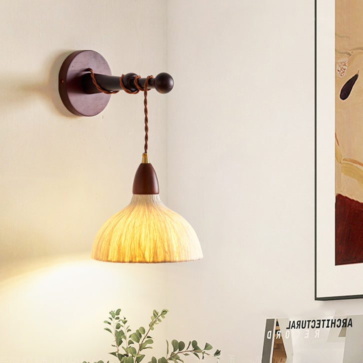 Pantalla de papel de arroz hecha a mano tradicional japonesa de cúpula redonda de madera, lámpara de pared de 1 luz para sala de estar 