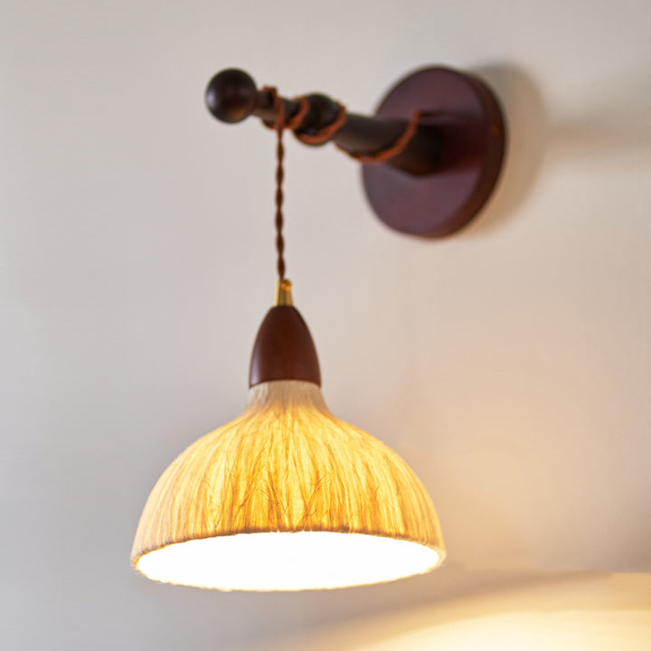 Pantalla de papel de arroz hecha a mano tradicional japonesa de cúpula redonda de madera, lámpara de pared de 1 luz para sala de estar 