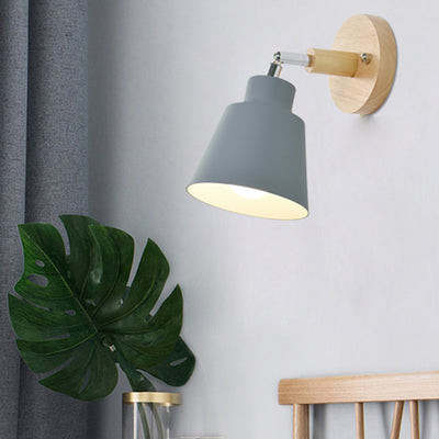 Modern Minimalist Round Cylinder Horn Shape Iron Shade Wood 1-Light Wall Sconce Lamp For Bedroom