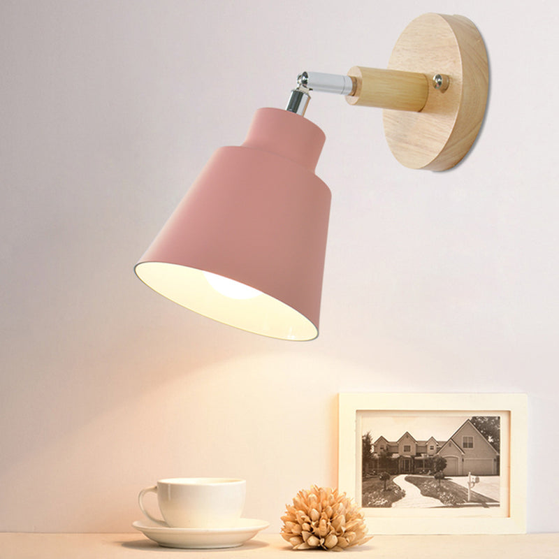Modern Minimalist Round Cylinder Horn Shape Iron Shade Wood 1-Light Wall Sconce Lamp For Bedroom