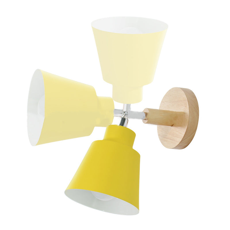 Modern Minimalist Round Cylinder Horn Shape Iron Shade Wood 1-Light Wall Sconce Lamp For Bedroom