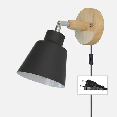 Modern Minimalist Round Cylinder Horn Shape Iron Shade Wood 1-Light Wall Sconce Lamp For Bedroom