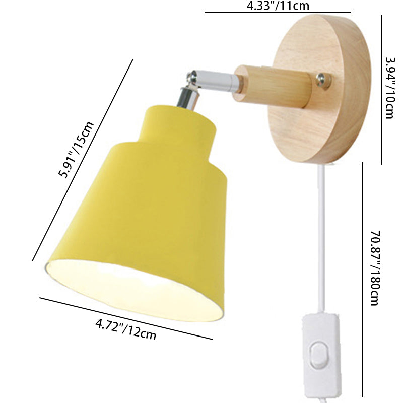 Modern Minimalist Round Cylinder Horn Shape Iron Shade Wood 1-Light Wall Sconce Lamp For Bedroom