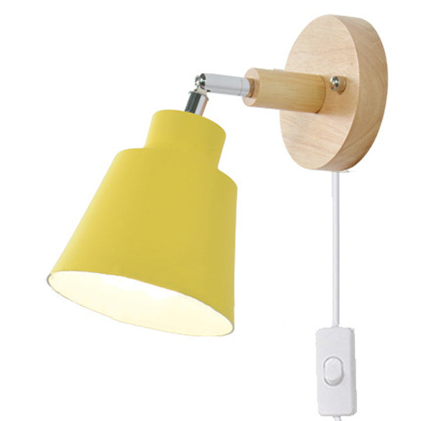 Modern Minimalist Round Cylinder Horn Shape Iron Shade Wood 1-Light Wall Sconce Lamp For Bedroom