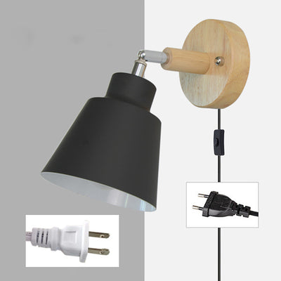 Modern Minimalist Round Cylinder Horn Shape Iron Shade Wood 1-Light Wall Sconce Lamp For Bedroom
