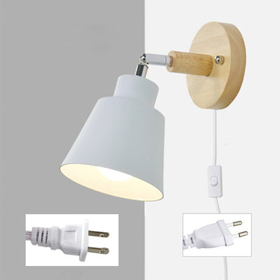 Modern Minimalist Round Cylinder Horn Shape Iron Shade Wood 1-Light Wall Sconce Lamp For Bedroom