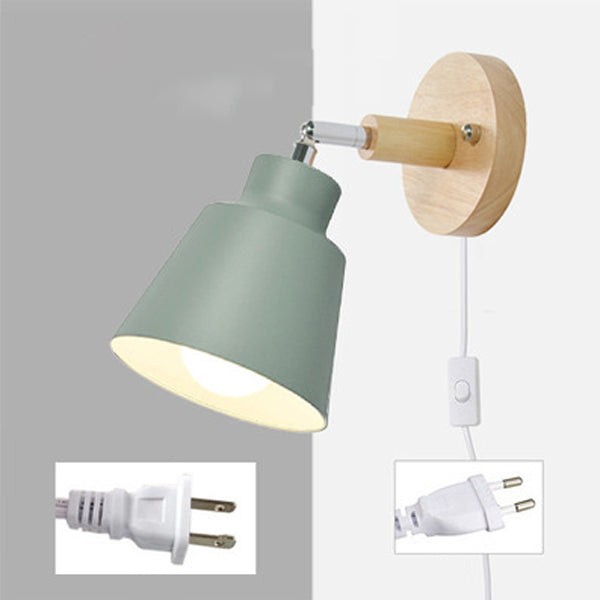 Modern Minimalist Round Cylinder Horn Shape Iron Shade Wood 1-Light Wall Sconce Lamp For Bedroom
