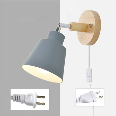 Modern Minimalist Round Cylinder Horn Shape Iron Shade Wood 1-Light Wall Sconce Lamp For Bedroom