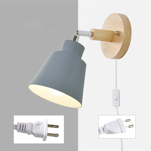 Modern Minimalist Round Cylinder Horn Shape Iron Shade Wood 1-Light Wall Sconce Lamp For Bedroom