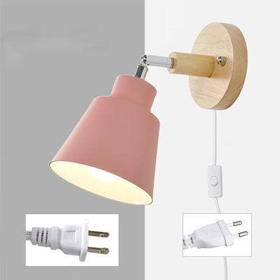 Modern Minimalist Round Cylinder Horn Shape Iron Shade Wood 1-Light Wall Sconce Lamp For Bedroom