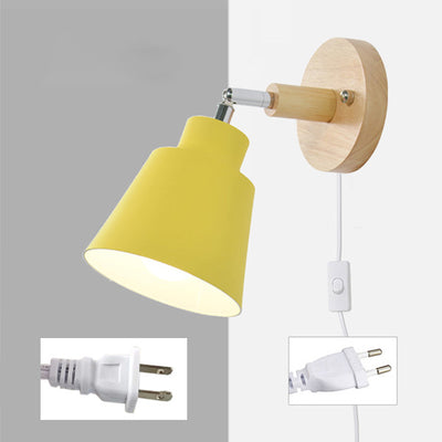 Modern Minimalist Round Cylinder Horn Shape Iron Shade Wood 1-Light Wall Sconce Lamp For Bedroom