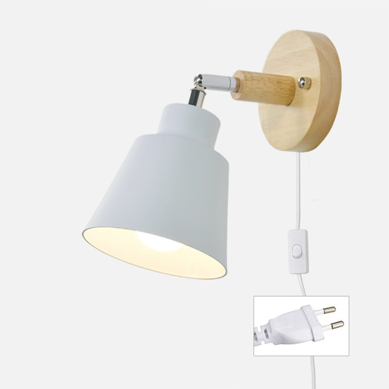 Modern Minimalist Round Cylinder Horn Shape Iron Shade Wood 1-Light Wall Sconce Lamp For Bedroom