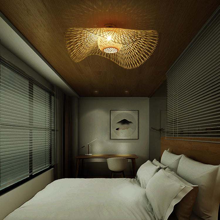 Traditionelle chinesische runde Strohhutform Bambus 1-Licht Semi-Flush-Montage Deckenleuchte für Wohnzimmer 
