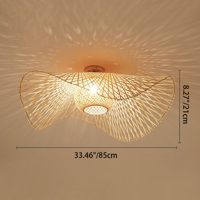 Traditionelle chinesische runde Strohhutform Bambus 1-Licht Semi-Flush-Montage Deckenleuchte für Wohnzimmer 