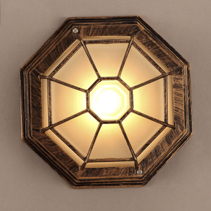 Contemporary Industrial Round Octagonal Iron Frame Glass Shade 1-Light Flush Mount Ceiling Light For Living Room