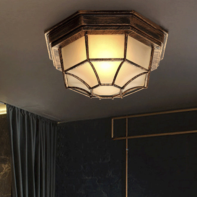 Luz de techo empotrada de 1 luz con pantalla de vidrio y marco de hierro octagonal redondo industrial contemporáneo para sala de estar 