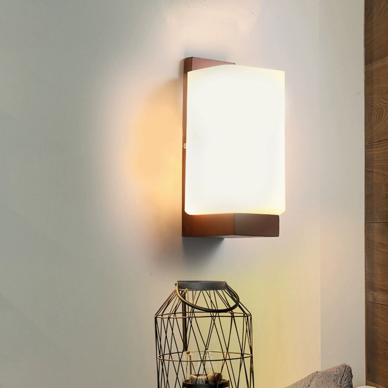 Traditionelle chinesische quadratische rechteckige Holz-Glas 1-Licht Wandleuchte für Schlafzimmer 