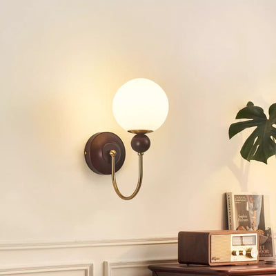 Contemporary Retro Curved Pole Sphere Globe Iron Solid Wood Frame Glass Shade 1-Light Wall Sconce Lamp For Living Room