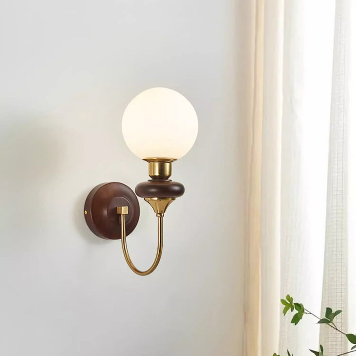 Contemporary Retro Curved Pole Sphere Globe Iron Solid Wood Frame Glass Shade 1-Light Wall Sconce Lamp For Living Room