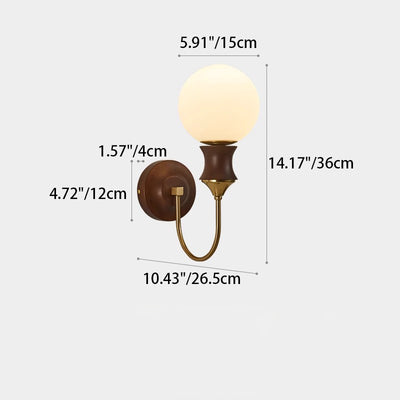 Contemporary Retro Curved Pole Sphere Globe Iron Solid Wood Frame Glass Shade 1-Light Wall Sconce Lamp For Living Room