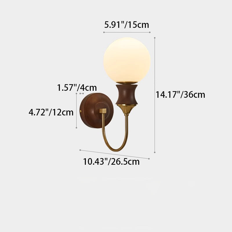 Contemporary Retro Curved Pole Sphere Globe Iron Solid Wood Frame Glass Shade 1-Light Wall Sconce Lamp For Living Room
