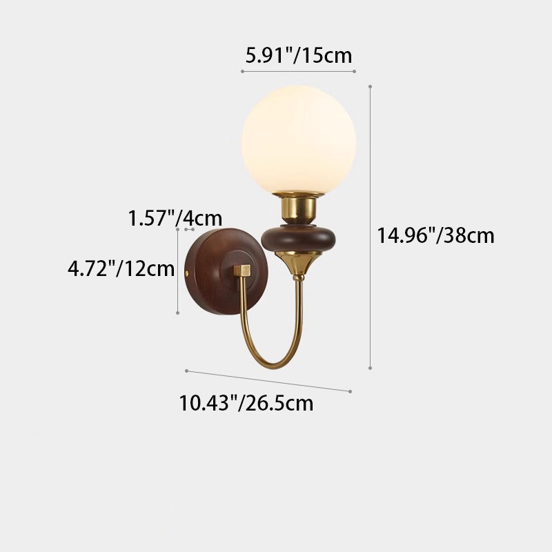 Contemporary Retro Curved Pole Sphere Globe Iron Solid Wood Frame Glass Shade 1-Light Wall Sconce Lamp For Living Room