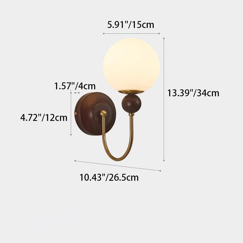Contemporary Retro Curved Pole Sphere Globe Iron Solid Wood Frame Glass Shade 1-Light Wall Sconce Lamp For Living Room