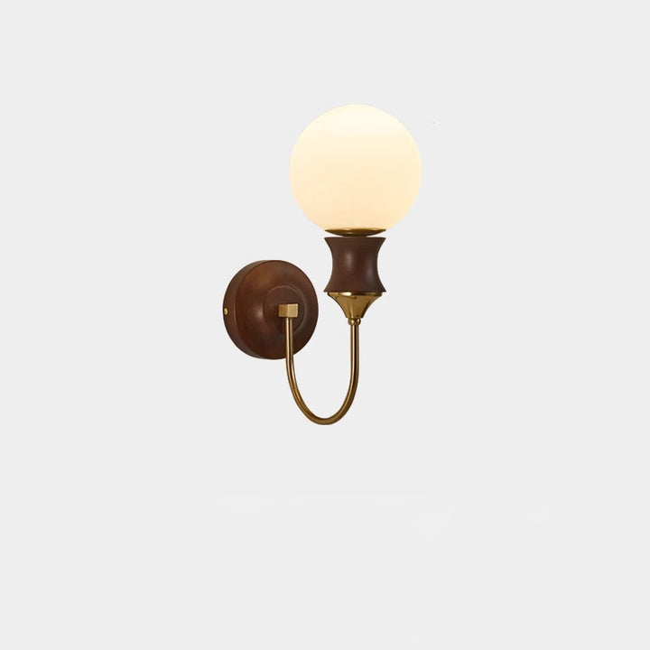 Contemporary Retro Curved Pole Sphere Globe Iron Solid Wood Frame Glass Shade 1-Light Wall Sconce Lamp For Living Room