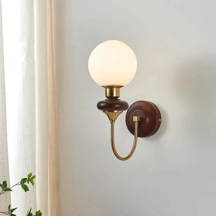 Contemporary Retro Curved Pole Sphere Globe Iron Solid Wood Frame Glass Shade 1-Light Wall Sconce Lamp For Living Room