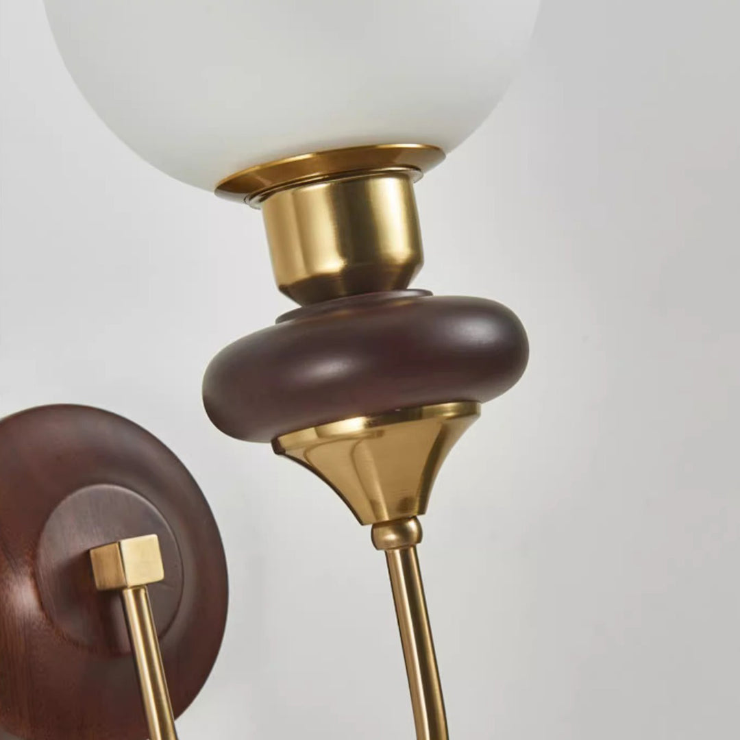 Contemporary Retro Curved Pole Sphere Globe Iron Solid Wood Frame Glass Shade 1-Light Wall Sconce Lamp For Living Room