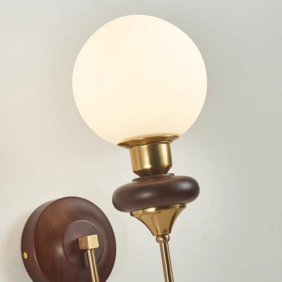 Contemporary Retro Curved Pole Sphere Globe Iron Solid Wood Frame Glass Shade 1-Light Wall Sconce Lamp For Living Room
