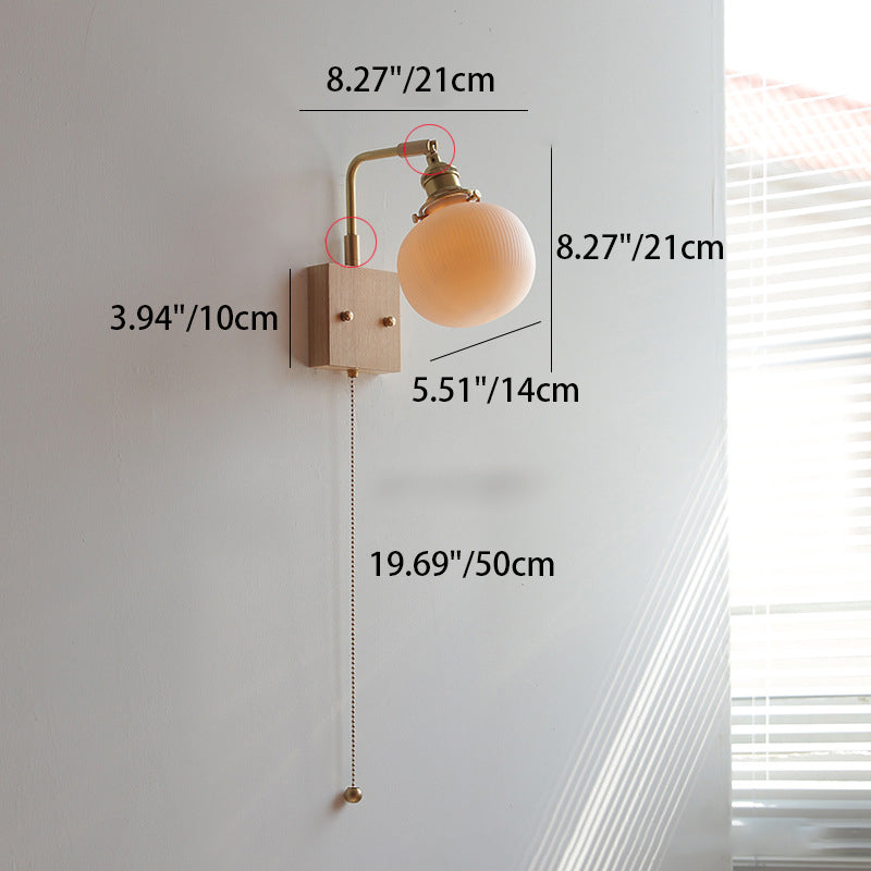 Traditional Japanese Rotatable Straight Pole Globe Round Cup Shape Wood Copper Ceramic 1-Light Wall Sconce Lamp For Living Room