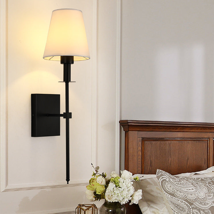 Modern Minimalist Round Cylinder Trapezoid Fabric Shade Square Iron Base 1-Light Wall Sconce Lamp For Living Room