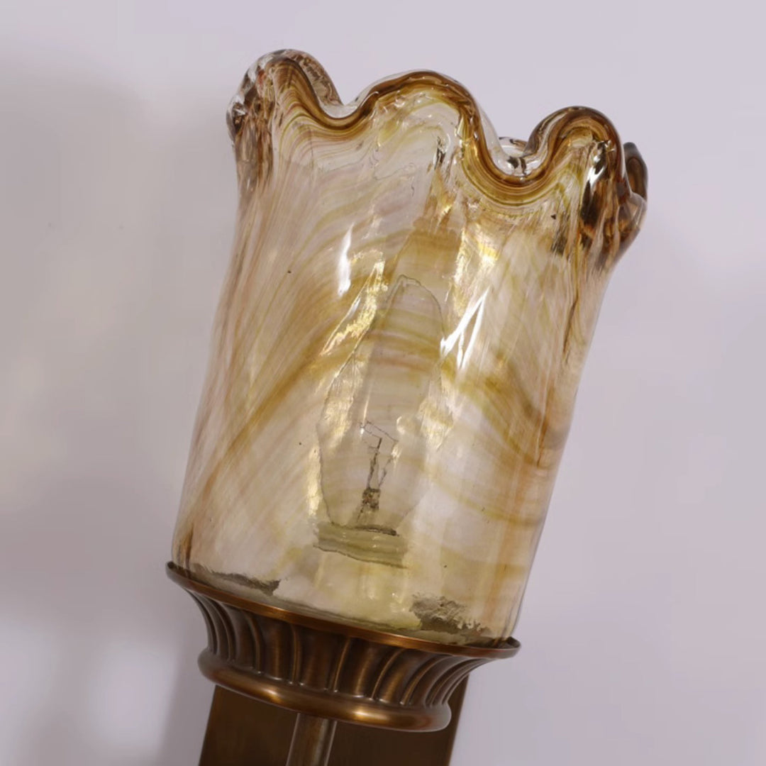 Traditional Vintage Flower Cup Shape Cylinder Full Copper Pole Glass Shade 1-Light Wall Sconce Lamp For Living Room