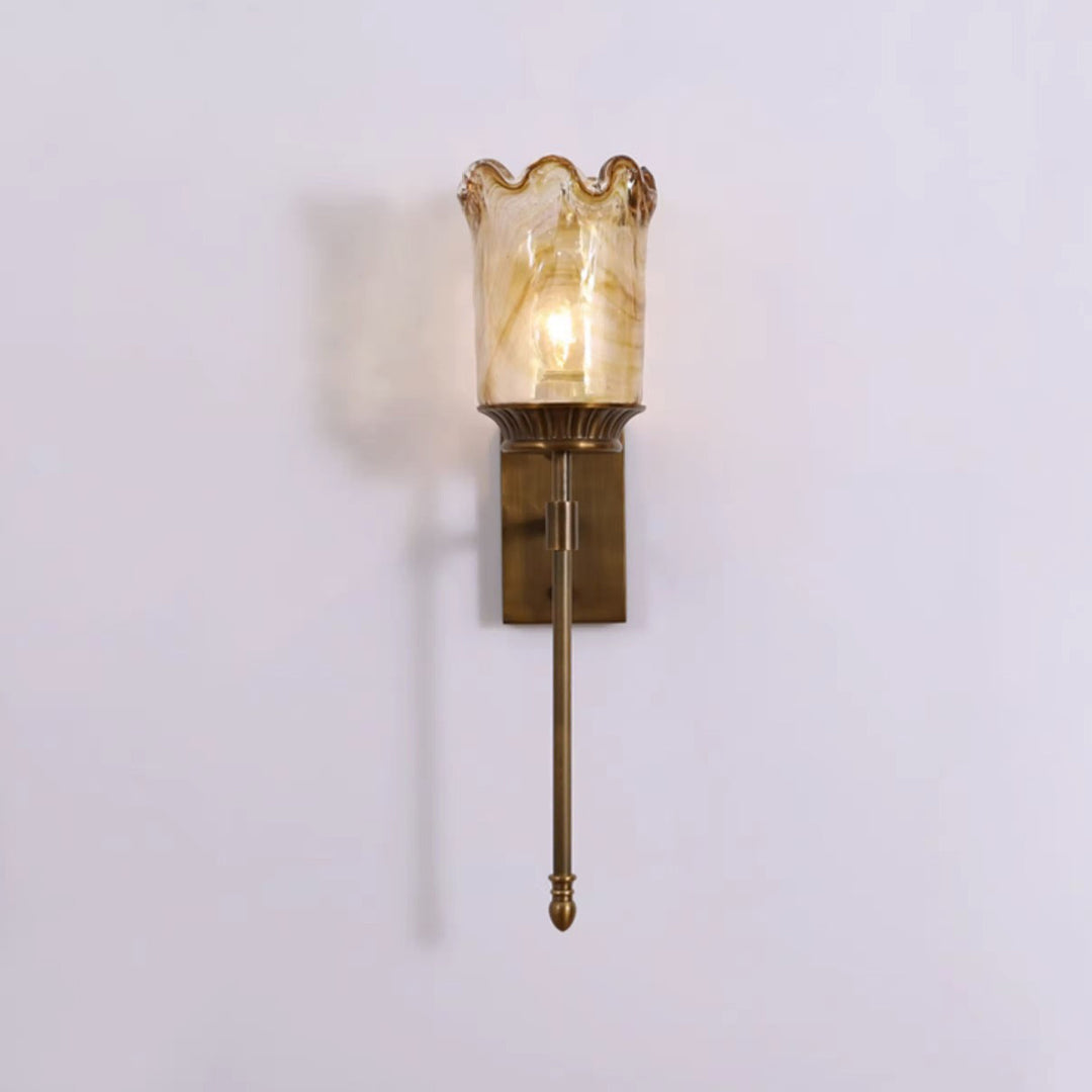 Traditional Vintage Flower Cup Shape Cylinder Full Copper Pole Glass Shade 1-Light Wall Sconce Lamp For Living Room