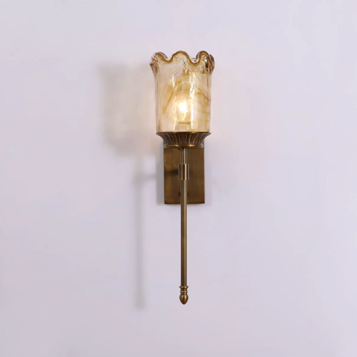 Traditional Vintage Flower Cup Shape Cylinder Full Copper Pole Glass Shade 1-Light Wall Sconce Lamp For Living Room