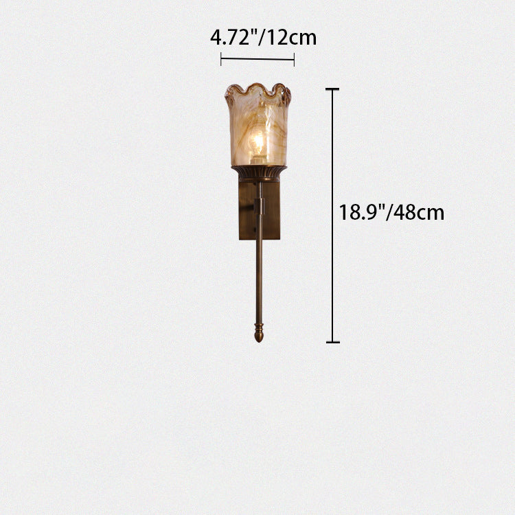 Traditional Vintage Flower Cup Shape Cylinder Full Copper Pole Glass Shade 1-Light Wall Sconce Lamp For Living Room