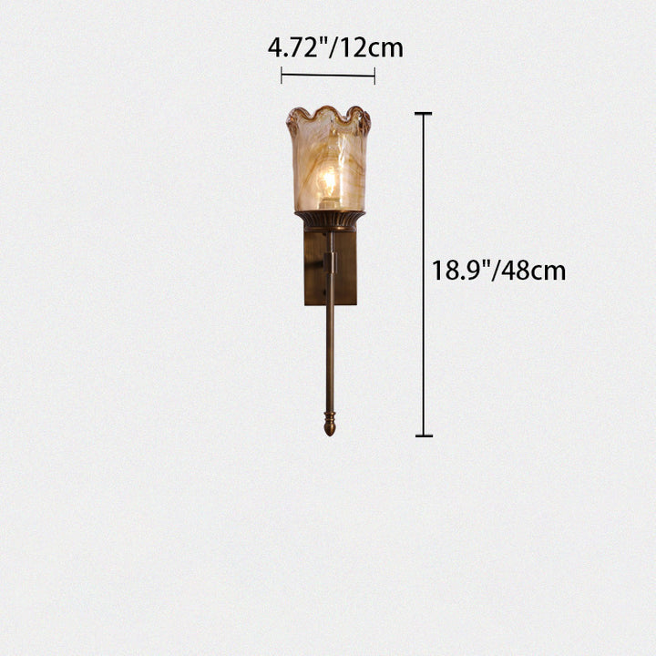 Traditional Vintage Flower Cup Shape Cylinder Full Copper Pole Glass Shade 1-Light Wall Sconce Lamp For Living Room