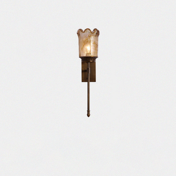 Traditional Vintage Flower Cup Shape Cylinder Full Copper Pole Glass Shade 1-Light Wall Sconce Lamp For Living Room