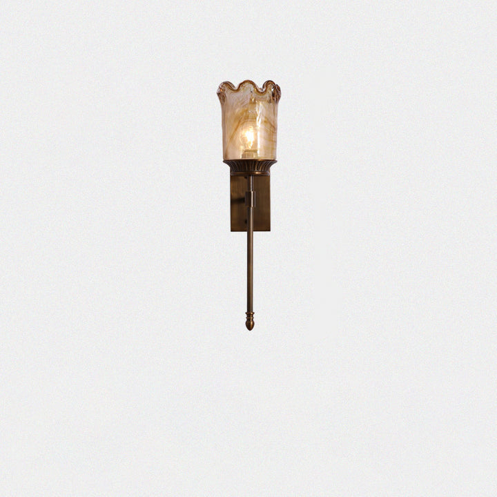 Traditional Vintage Flower Cup Shape Cylinder Full Copper Pole Glass Shade 1-Light Wall Sconce Lamp For Living Room