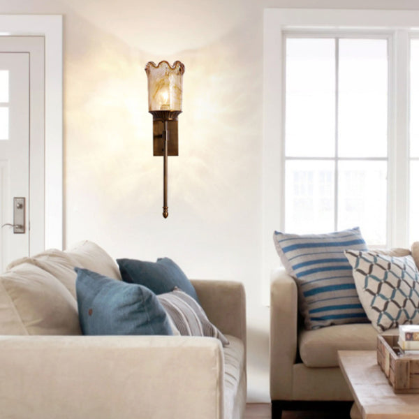Traditional Vintage Flower Cup Shape Cylinder Full Copper Pole Glass Shade 1-Light Wall Sconce Lamp For Living Room