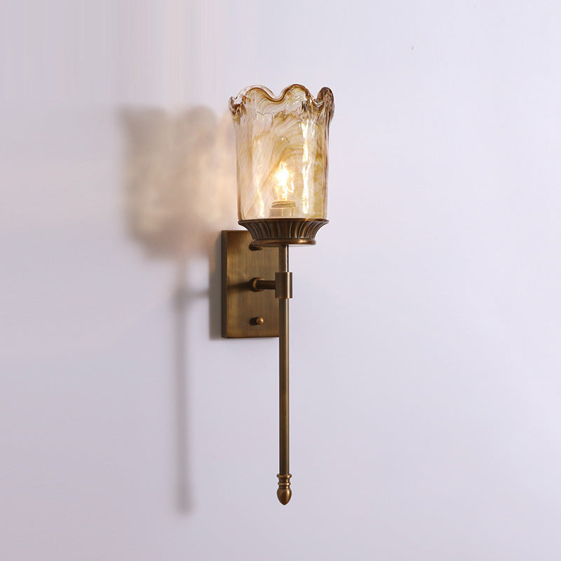 Traditional Vintage Flower Cup Shape Cylinder Full Copper Pole Glass Shade 1-Light Wall Sconce Lamp For Living Room