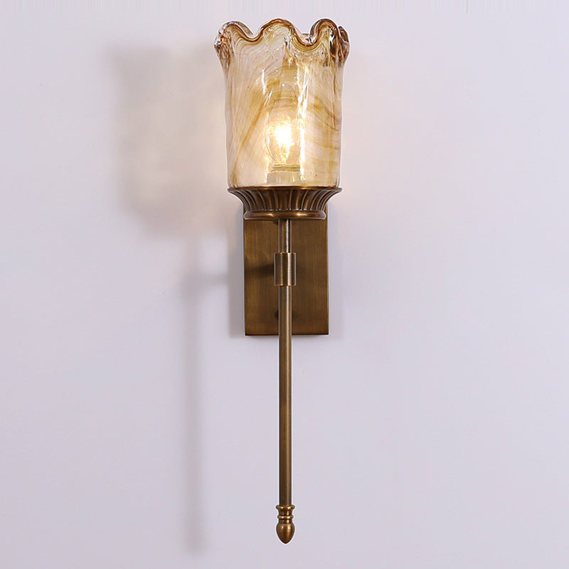 Traditional Vintage Flower Cup Shape Cylinder Full Copper Pole Glass Shade 1-Light Wall Sconce Lamp For Living Room