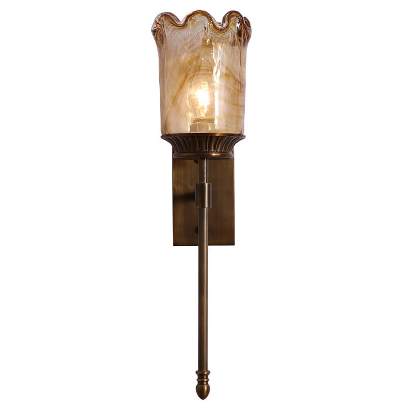 Traditional Vintage Flower Cup Shape Cylinder Full Copper Pole Glass Shade 1-Light Wall Sconce Lamp For Living Room