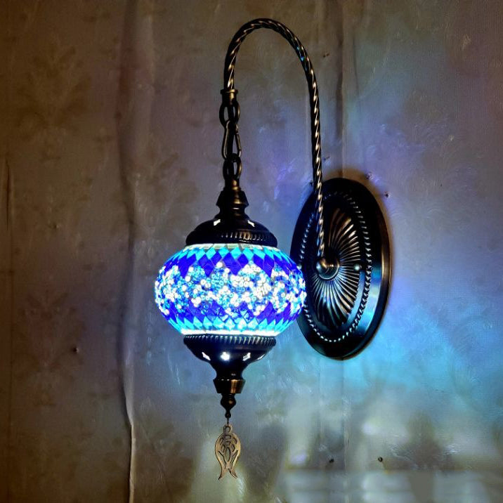 Lámpara de Aplique de Pared de Vidrio Manchado de Hierro Ovalado de Poste Curvado Tradicional Tiffany de 1 Luz para Sala de Estar 